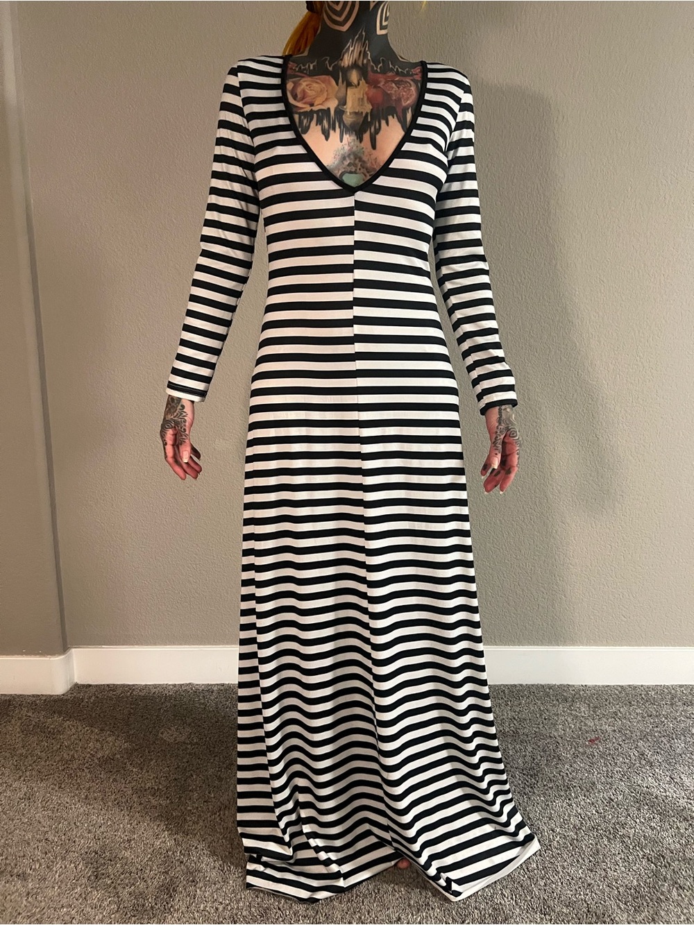 Black & White Striped Long-Sleeve V-Neck Maxi Dress